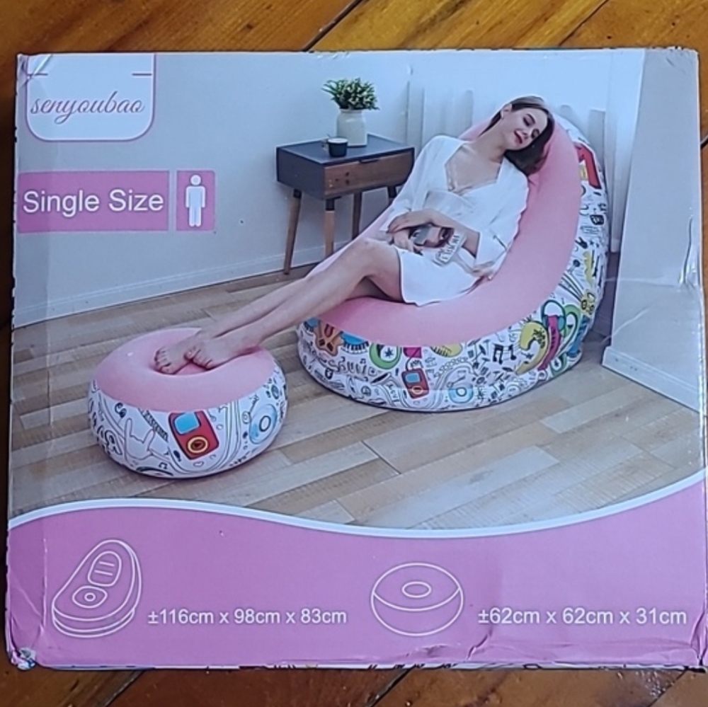 NIB Senyoubao Inflatable Lounge Chair & Ottoman Set - Pink/Graphic - Picture 2 of 2